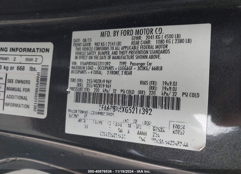 2016 FORD MUSTANG ECOBOOST VIN: 1FA6P8THXG5211392