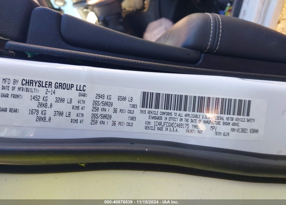 2014 JEEP GRAND CHEROKEE OVERLAND VIN: 1C4RJFCGXEC409175
