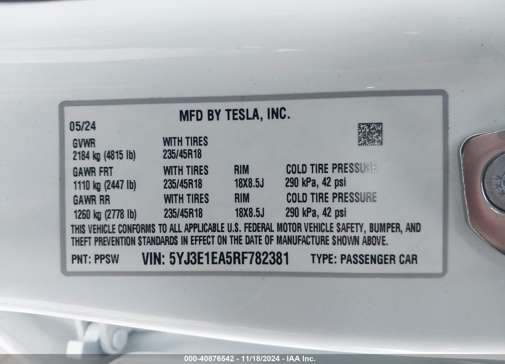 2024 TESLA MODEL 3 REAR-WHEEL DRIVE VIN: 5YJ3E1EA5RF782381