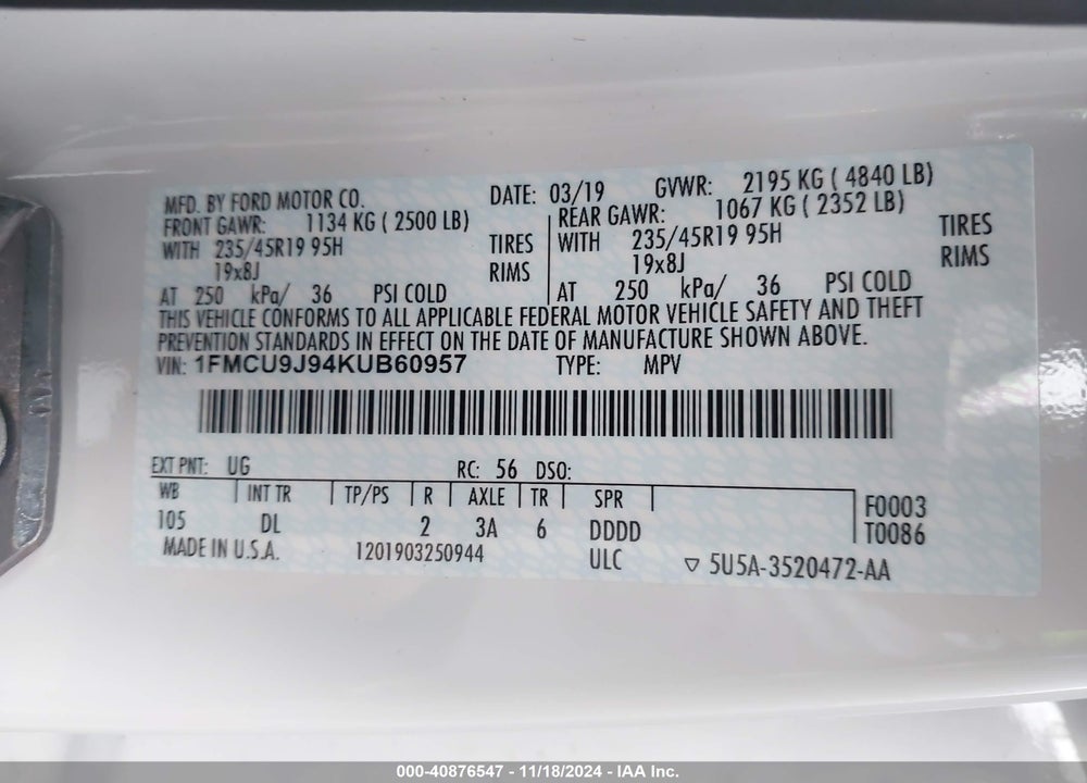 2019 FORD ESCAPE TITANIUM VIN: 1FMCU9J94KUB60957