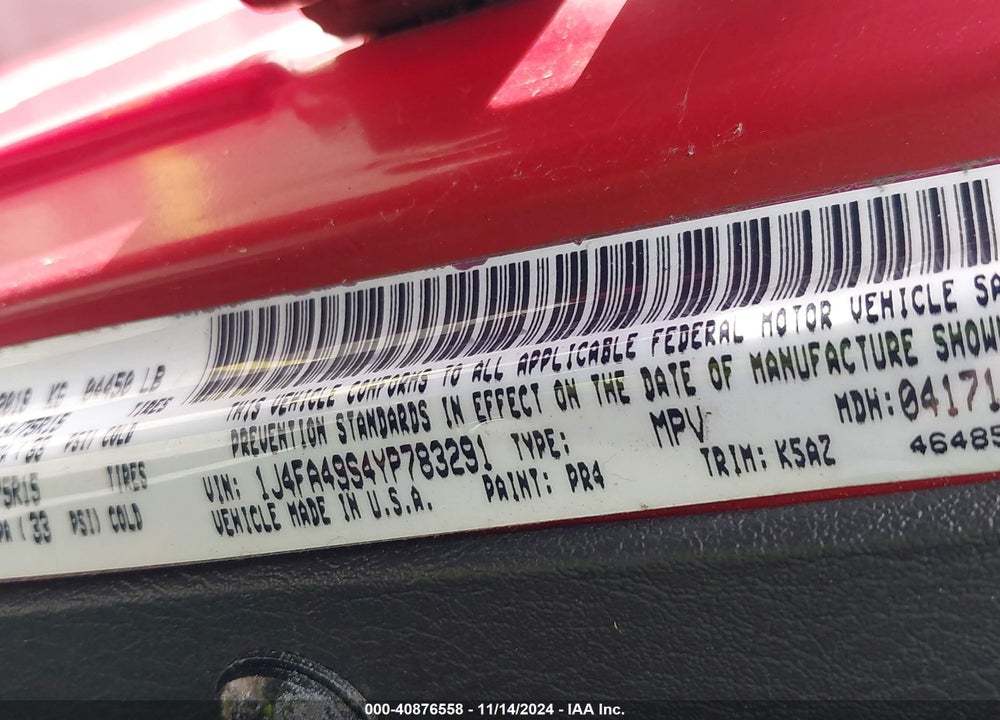 2000 JEEP WRANGLER SPORT VIN: 1J4FA49S4YP783291