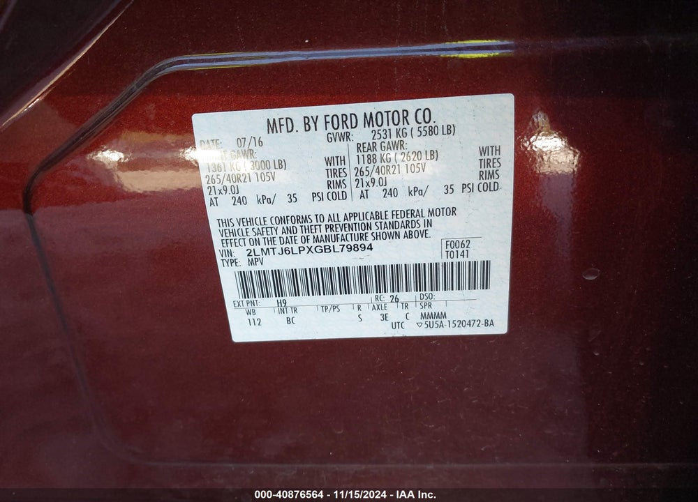 2016 LINCOLN MKX RESERVE VIN: 2LMTJ6LPXGBL79894