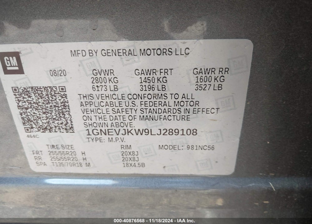 2020 CHEVROLET TRAVERSE VIN: 1GNEVJKW9LJ289108
