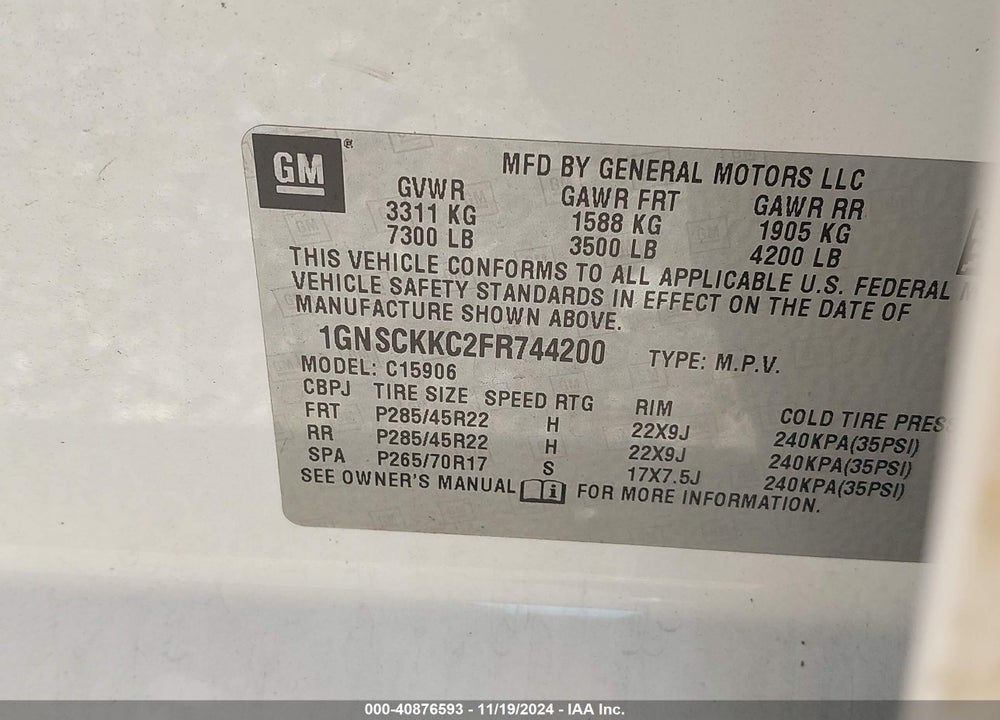 2015 CHEVROLET SUBURBAN 1500 LTZ VIN: 1GNSCKKC2FR744200