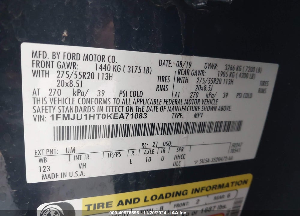 2019 FORD EXPEDITION XLT VIN: 1FMJU1HT0KEA71083