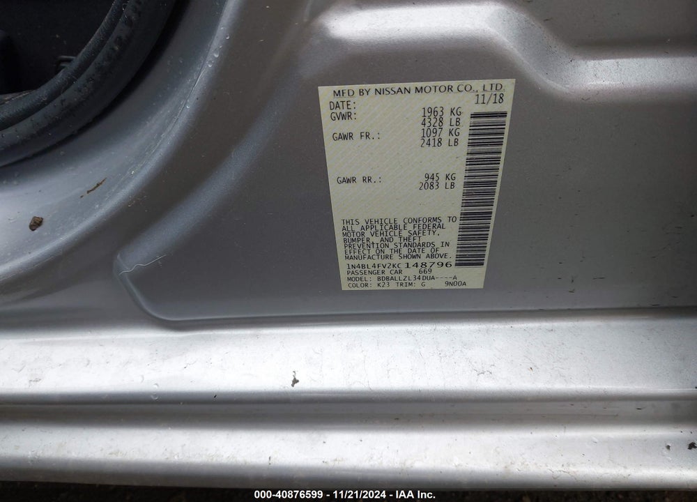 2019 NISSAN ALTIMA 2.5 PLATINUM VIN: 1N4BL4FV2KC148796