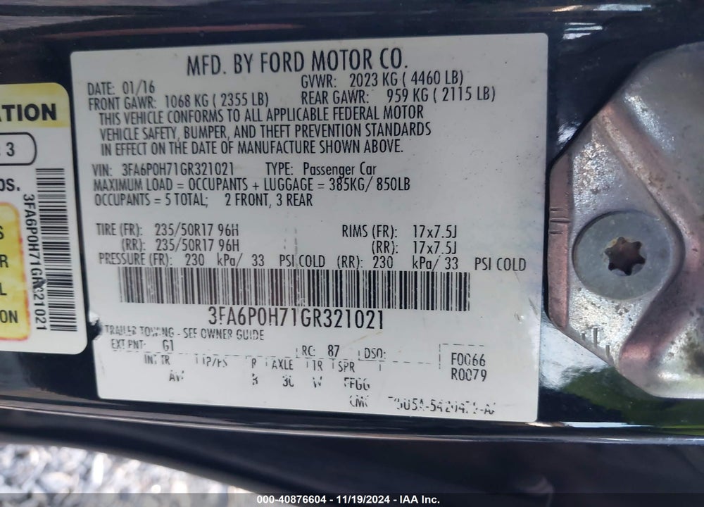 2016 FORD FUSION SE VIN: 3FA6P0H71GR321021