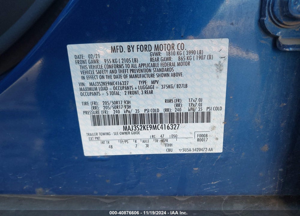 2021 FORD ECOSPORT TITANIUM VIN: MAJ3S2KE9MC416327