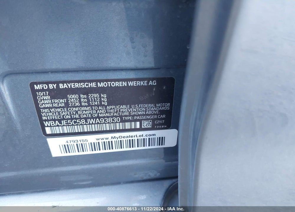 2018 BMW 540I VIN: WBAJE5C58JWA93830