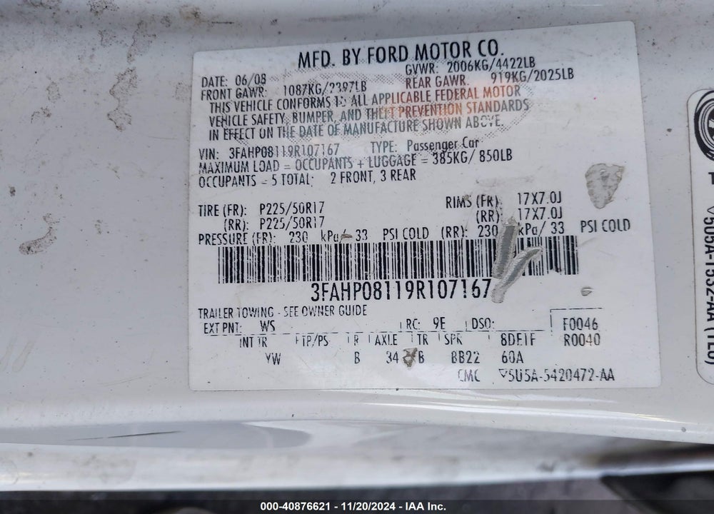 2009 FORD FUSION SEL VIN: 3FAHP08119R107167