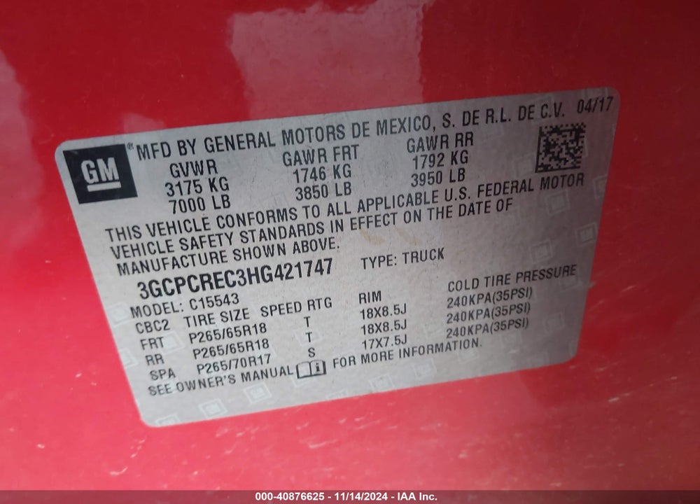 2017 CHEVROLET SILVERADO 1500 1LT VIN: 3GCPCREC3HG421747