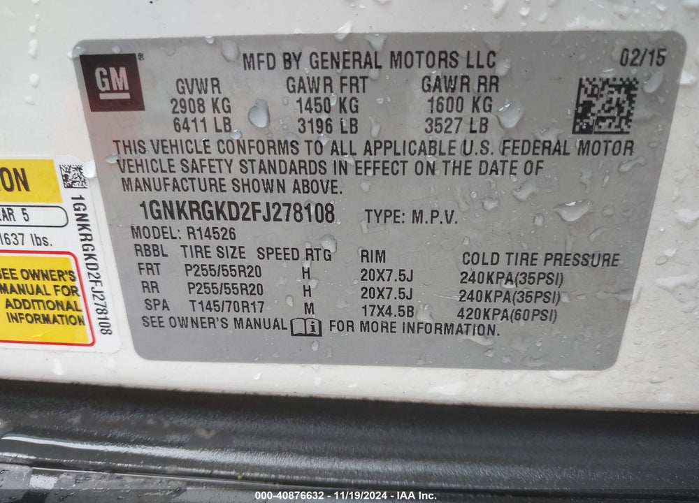 2015 CHEVROLET TRAVERSE 1LT VIN: 1GNKRGKD2FJ278108