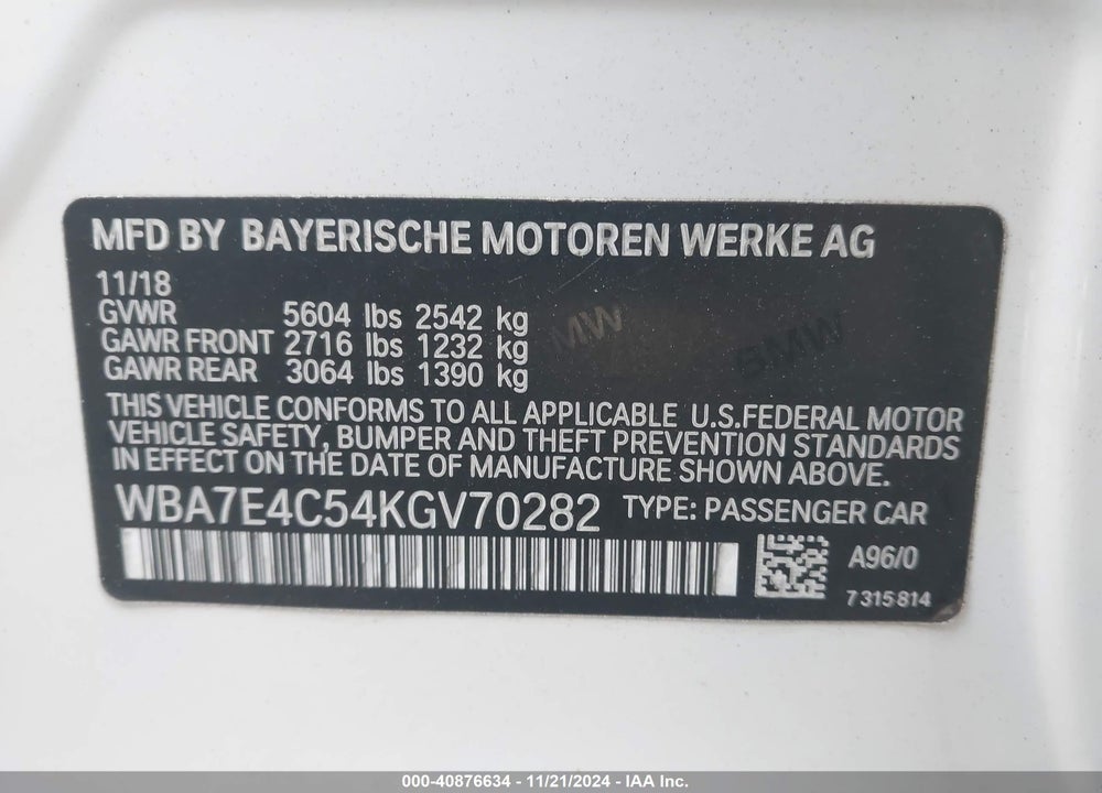 2019 BMW 740I XDRIVE VIN: WBA7E4C54KGV70282