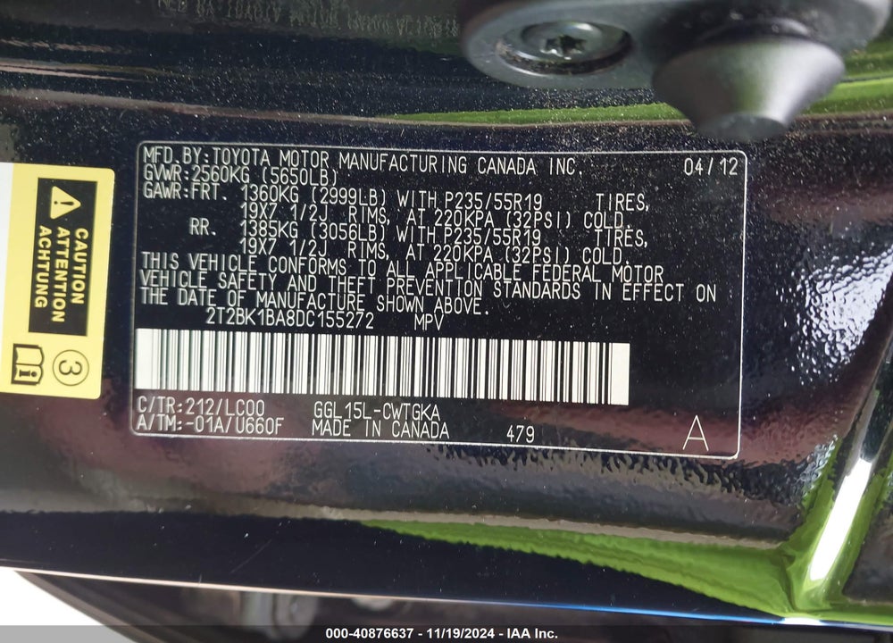 2013 LEXUS RX 350 VIN: 2T2BK1BA8DC155272