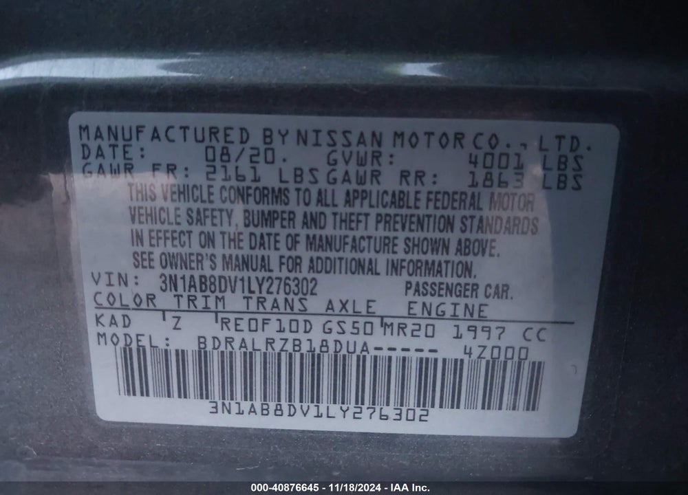 2020 NISSAN SENTRA VIN: 3N1AB8DV1LY276302