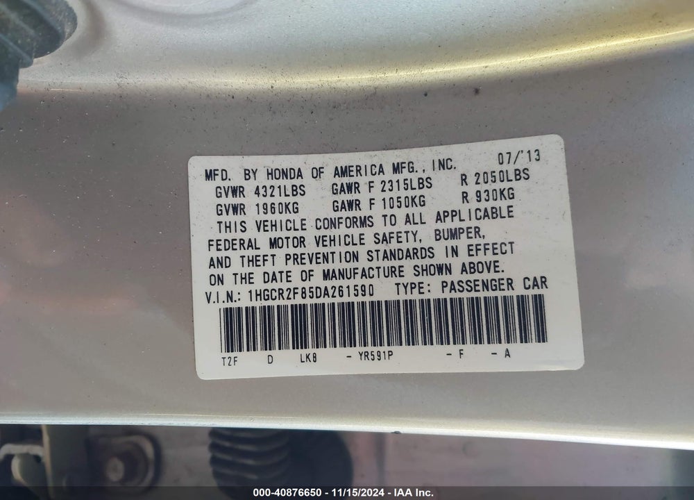 2013 HONDA ACCORD EX-L VIN: 1HGCR2F85DA261590
