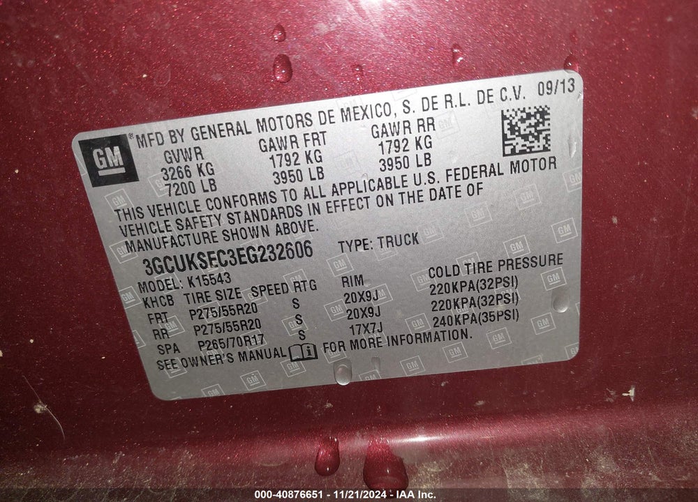 2014 CHEVROLET SILVERADO 1500 2LZ VIN: 3GCUKSEC3EG232606