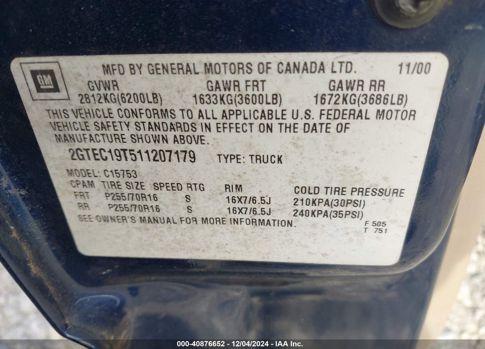 2001 GMC SIERRA 1500 SLE VIN: 2GTEC19T511207179