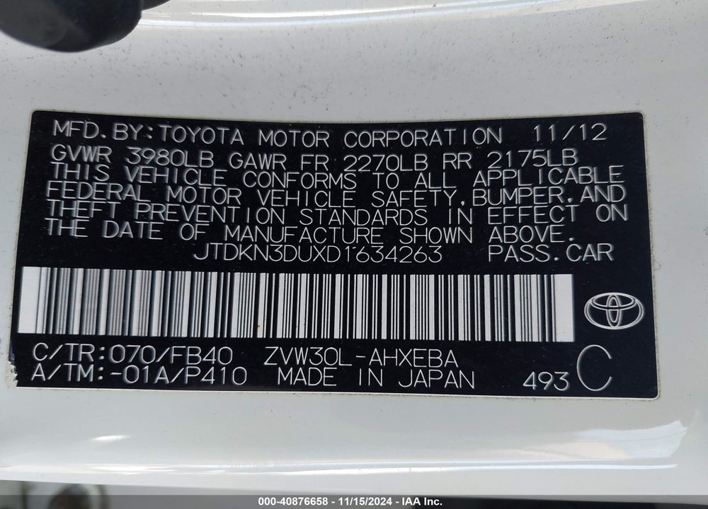 2013 TOYOTA PRIUS TWO VIN: JTDKN3DUXD1634263