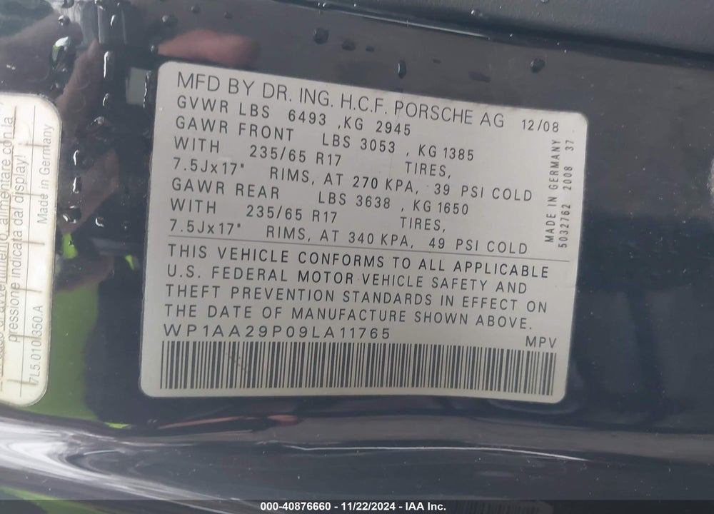 2009 PORSCHE CAYENNE VIN: WP1AA29P09LA11765