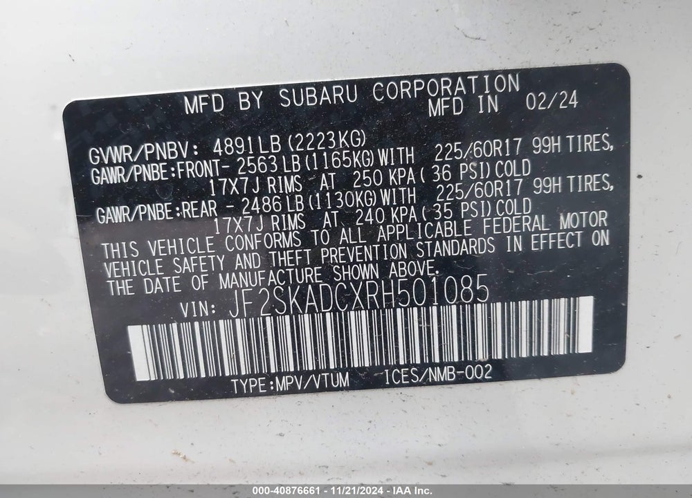 2024 SUBARU FORESTER PREMIUM VIN: JF2SKADCXRH501085