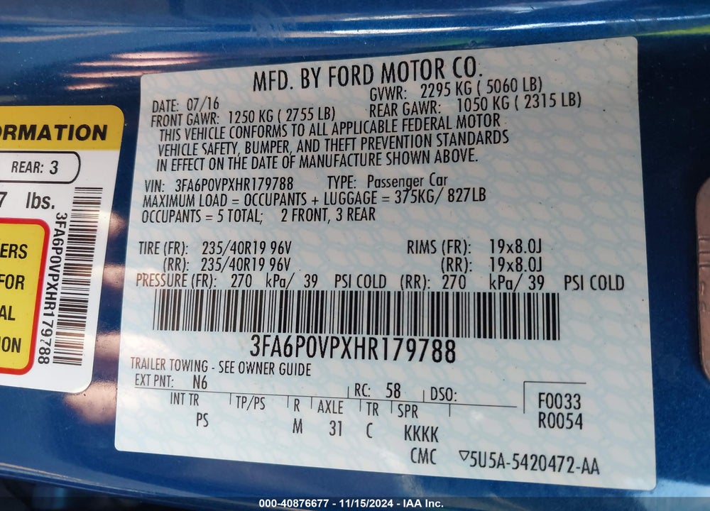2017 FORD FUSION SPORT VIN: 3FA6P0VPXHR179788
