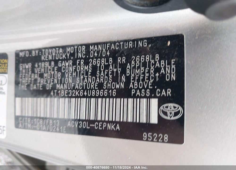 2004 TOYOTA CAMRY LE VIN: 4T1BE32K64U896616