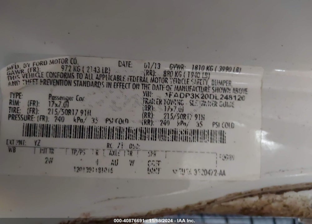 2013 FORD FOCUS SE VIN: 1FADP3K20DL248126