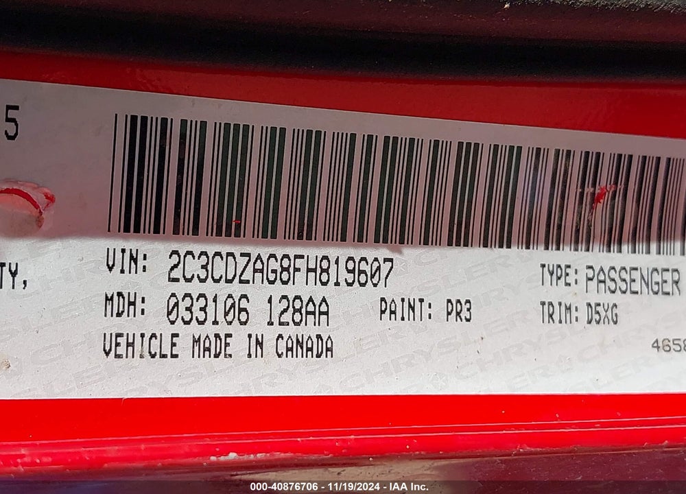 2015 DODGE CHALLENGER VIN: 2C3CDZAG8FH819607