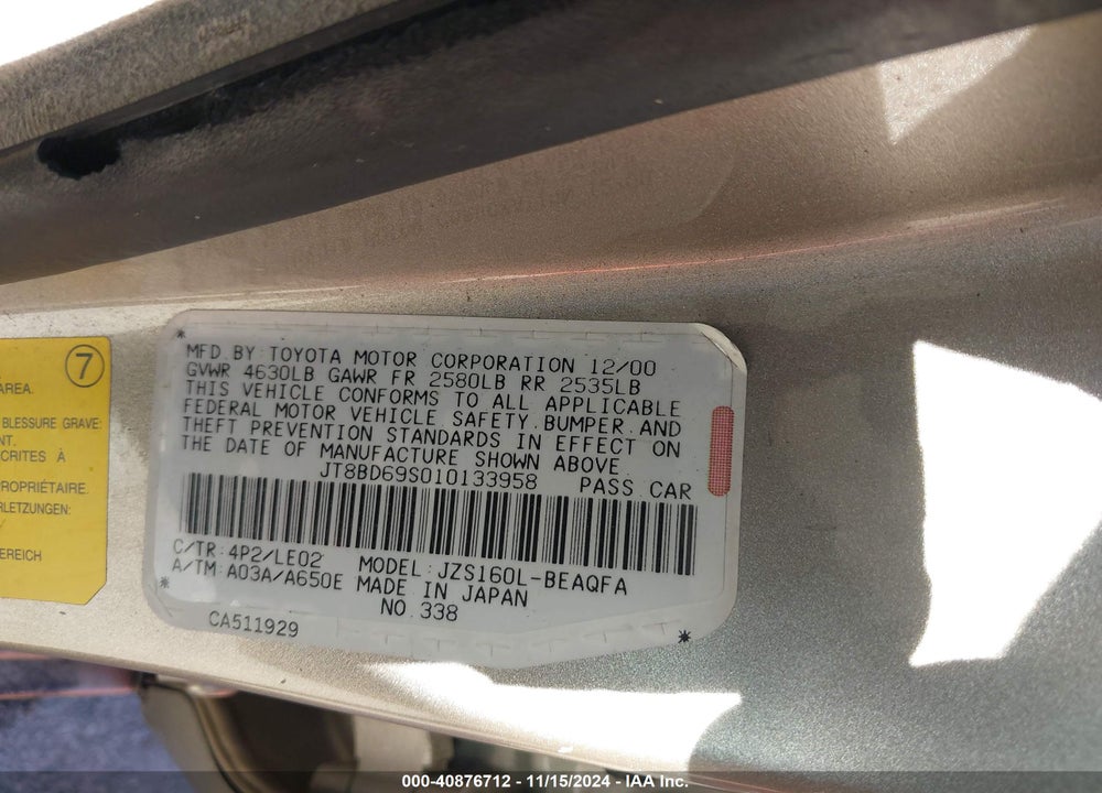 2001 LEXUS GS 300 VIN: JT8BD69S010133958