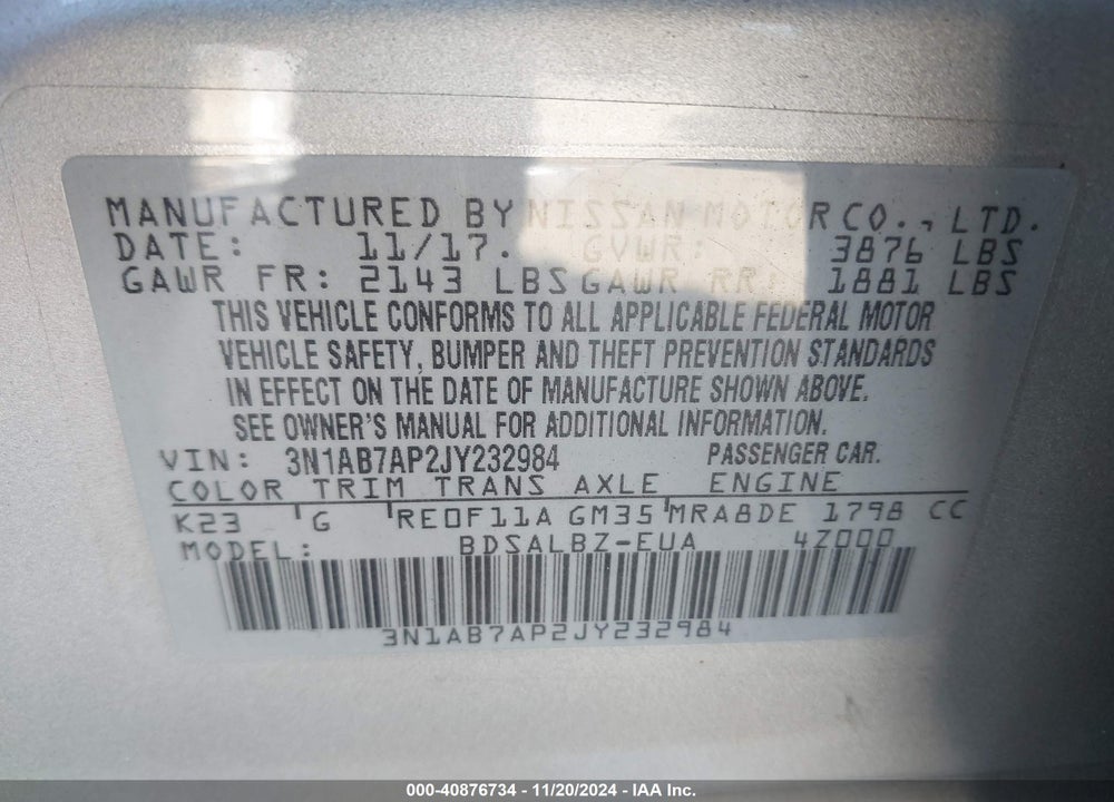 2018 NISSAN SENTRA S VIN: 3N1AB7AP2JY232984