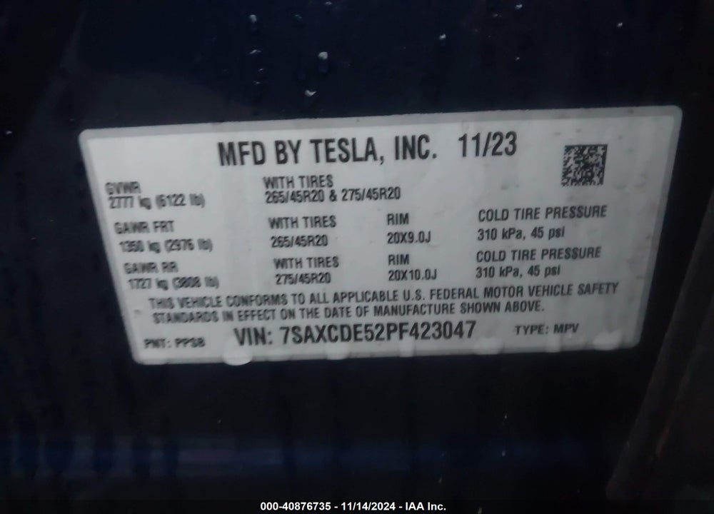 2023 TESLA MODEL X DUAL MOTOR ALL-WHEEL DRIVE/STANDARD RANGE VIN: 7SAXCDE52PF423047