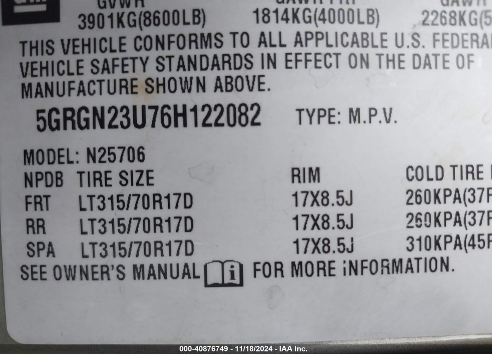 2006 HUMMER H2 SUV VIN: 5GRGN23U76H122082