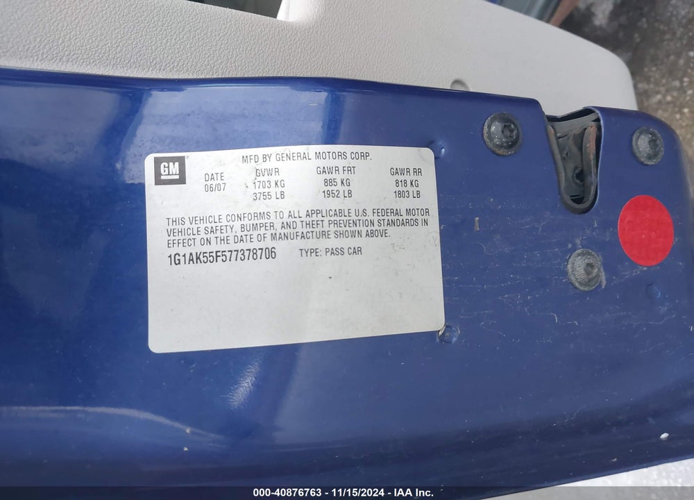 2007 CHEVROLET COBALT LS VIN: 1G1AK55F577378706