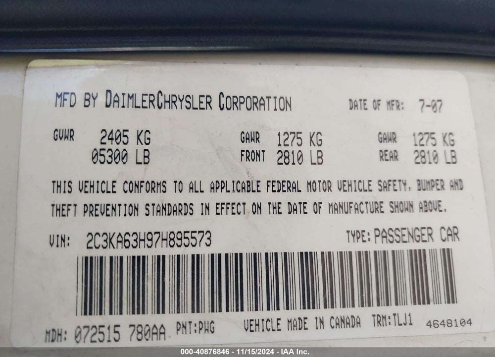 2007 CHRYSLER 300C VIN: 2C3KA63H97H895573