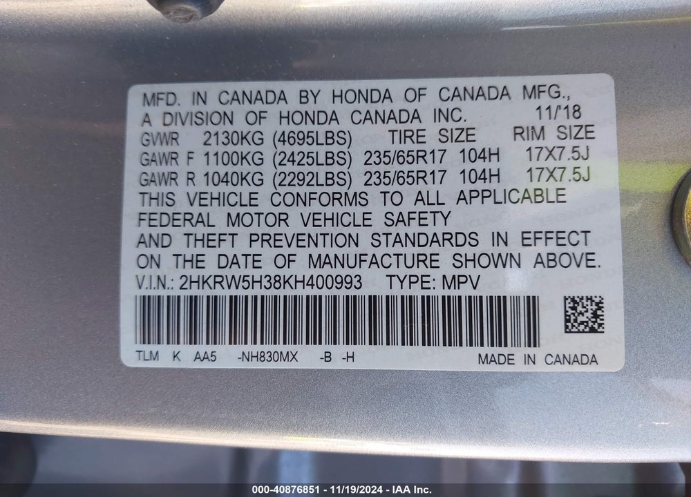 2019 HONDA CR-V LX VIN: 2HKRW5H38KH400993