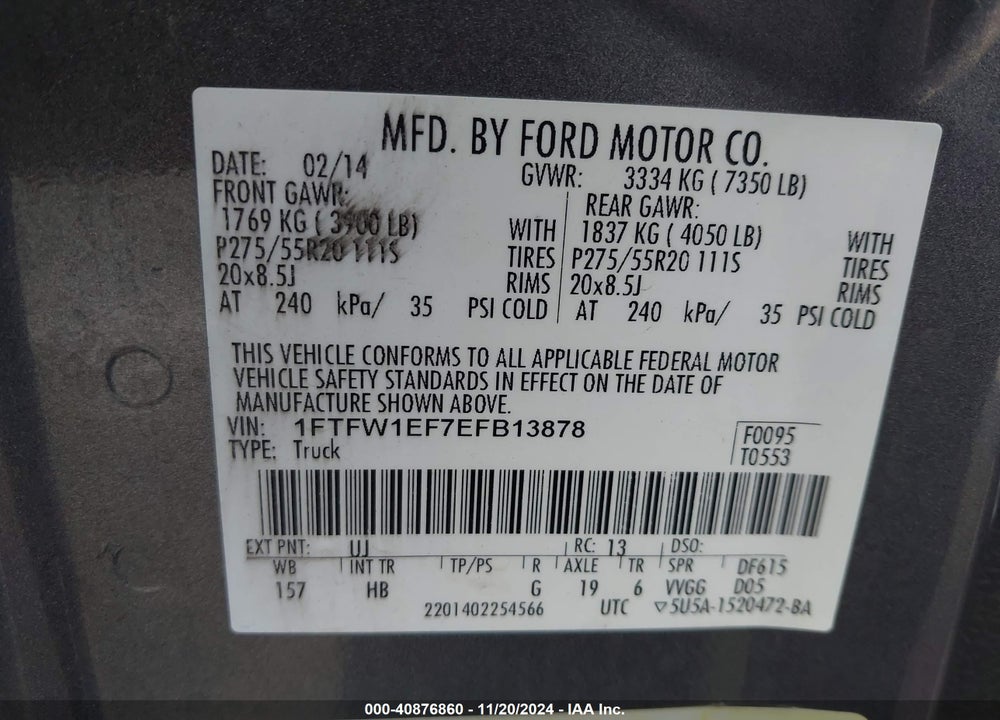 2014 FORD F-150 LARIAT VIN: 1FTFW1EF7EFB13878