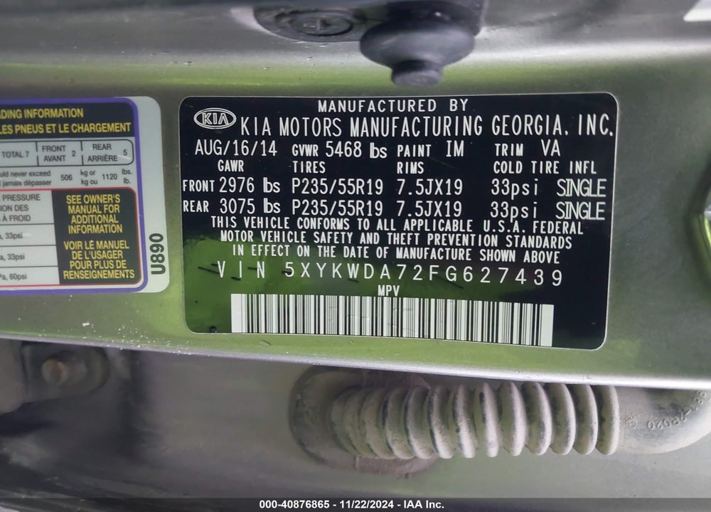 2015 KIA SORENTO SX V6 VIN: 5XYKWDA72FG627439