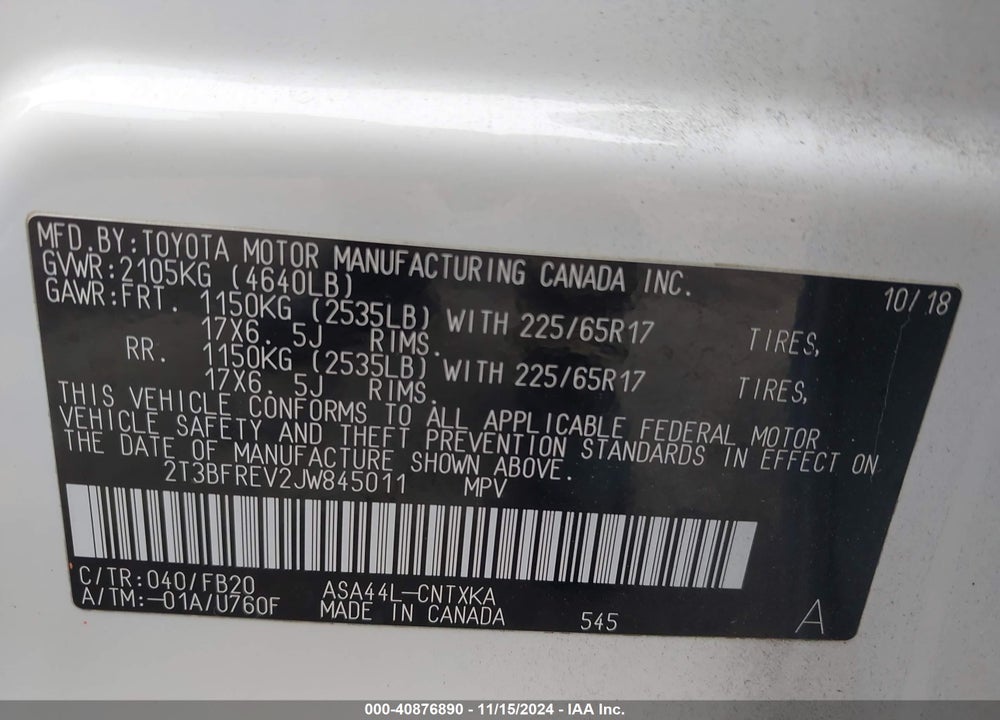 2018 TOYOTA RAV4 VIN: 2T3BFREV2JW845011