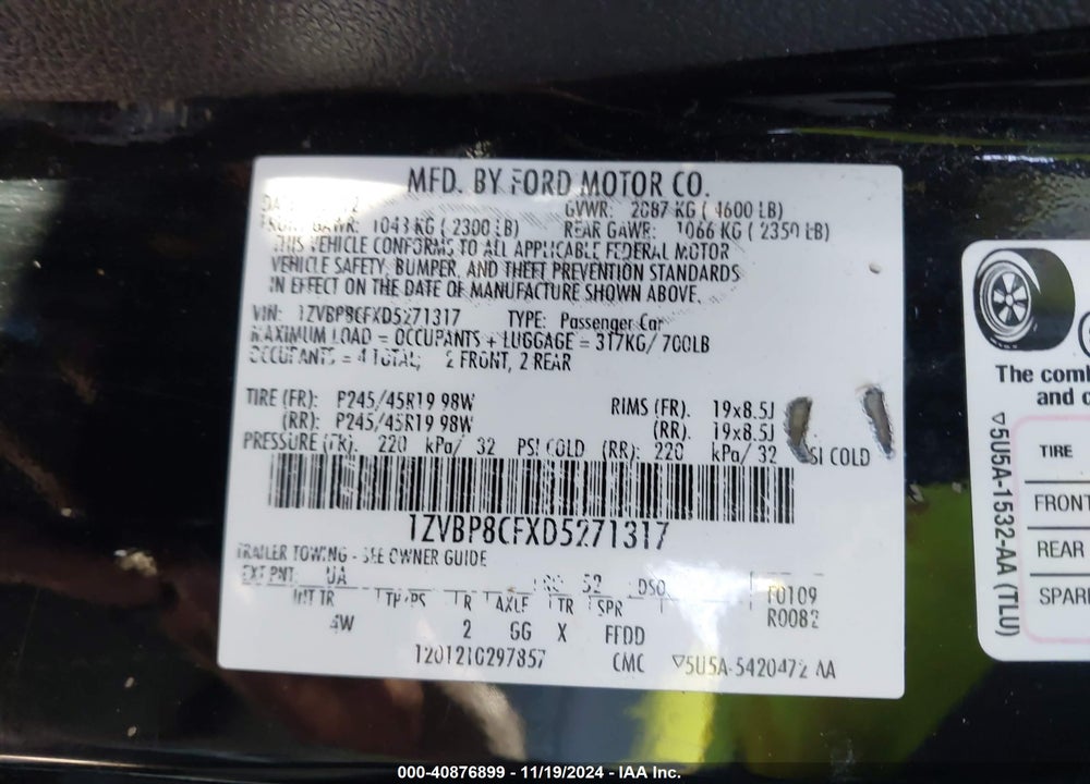 2013 FORD MUSTANG GT PREMIUM VIN: 1ZVBP8CFXD5271317