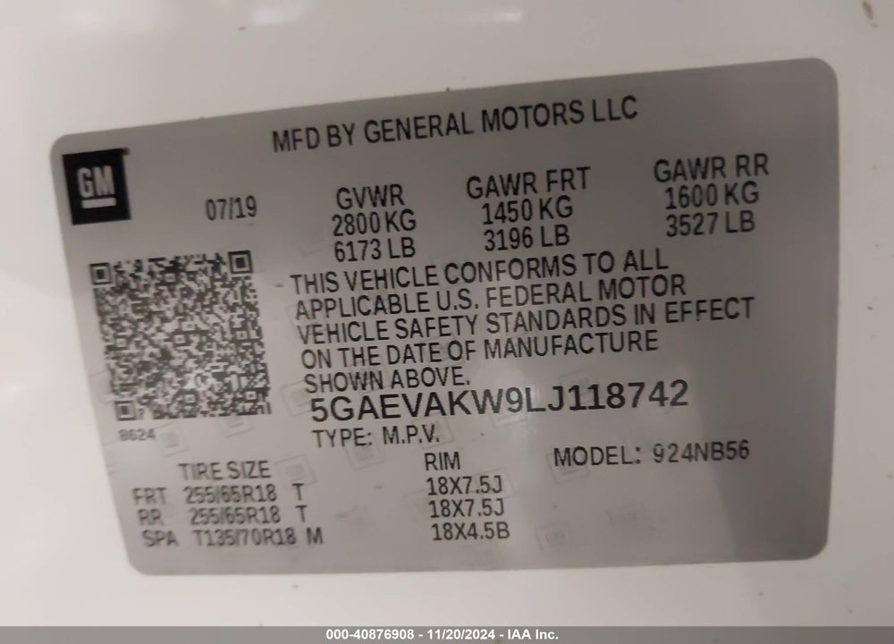 2020 BUICK ENCLAVE AWD ESSENCE VIN: 5GAEVAKW9LJ118742