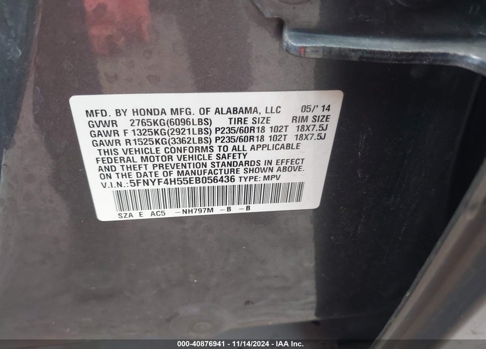 2014 HONDA PILOT EX-L VIN: 5FNYF4H55EB056436