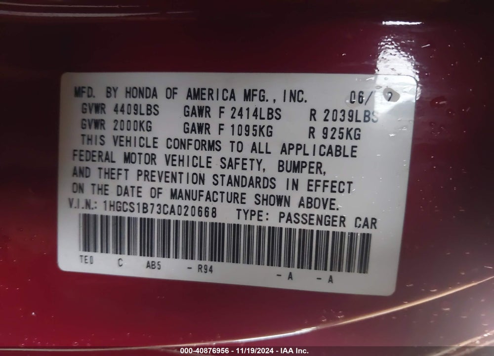 2012 HONDA ACCORD 2.4 EX VIN: 1HGCS1B73CA020668
