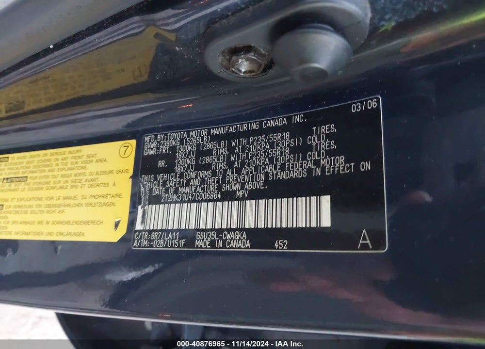 2007 LEXUS RX 350 VIN: 2T2HK31U47C006864