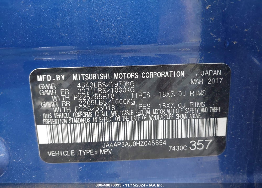 2017 MITSUBISHI OUTLANDER SPORT VIN: JA4AP3AU0HZ045654