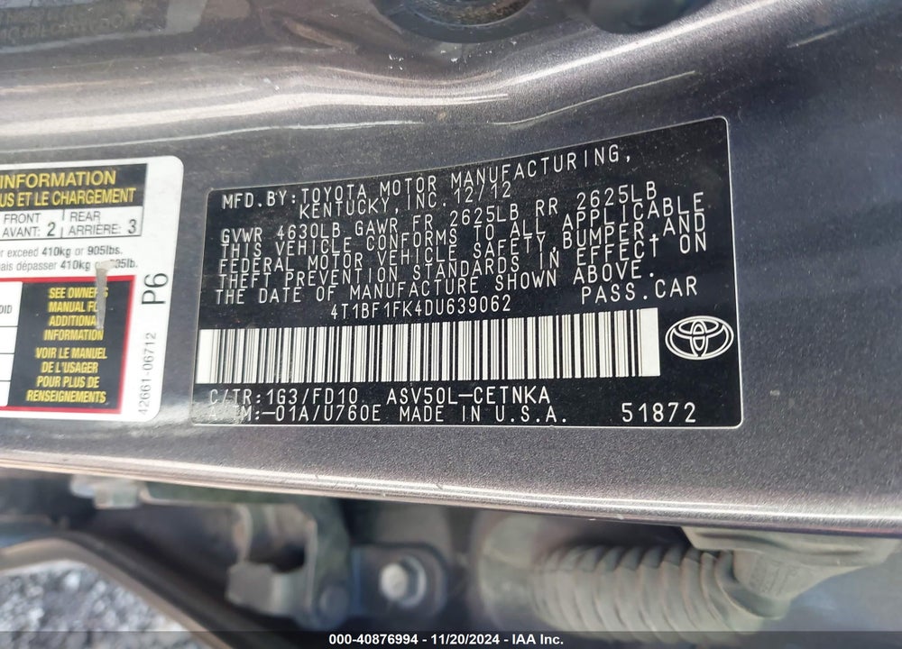 2013 TOYOTA CAMRY LE VIN: 4T1BF1FK4DU639062