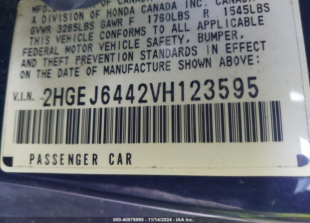 1997 HONDA CIVIC DX VIN: 2HGEJ6442VH123595