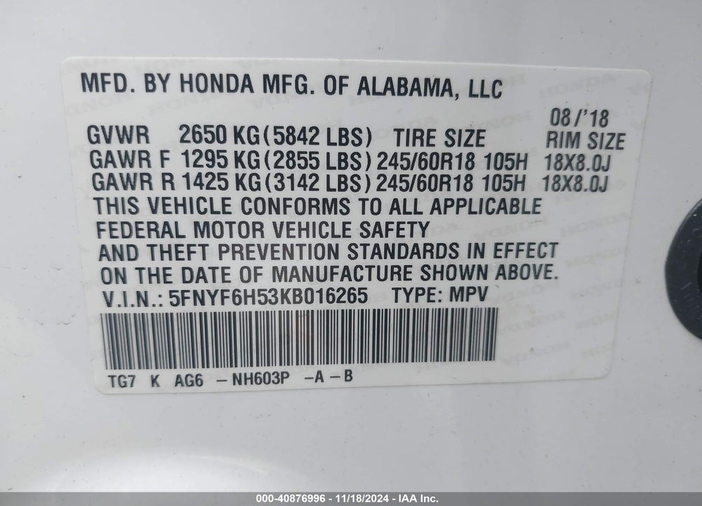 2019 HONDA PILOT EX-L VIN: 5FNYF6H53KB016265