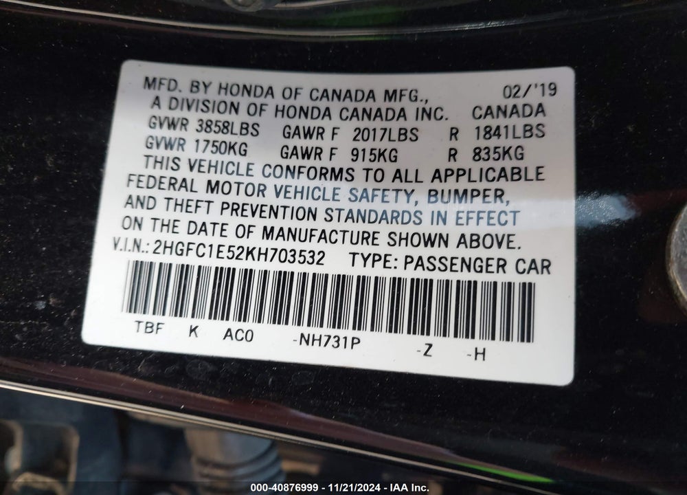 2019 HONDA CIVIC SI VIN: 2HGFC1E52KH703532