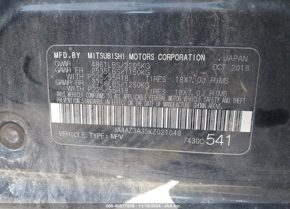 2019 MITSUBISHI OUTLANDER SEL VIN: JA4AZ3A35KZ021049